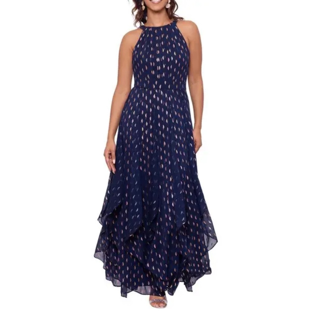NWT Betsy & Adam Metallic Layered Ruffle gown.  Patterned Maxi